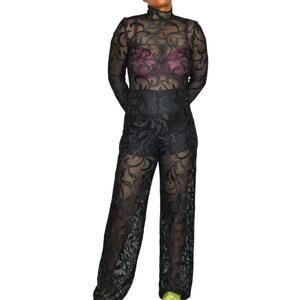 Black Lace Sheer Jumpsuit High Neck Scalloped Mesh Long Sleeves Straight Leg XS